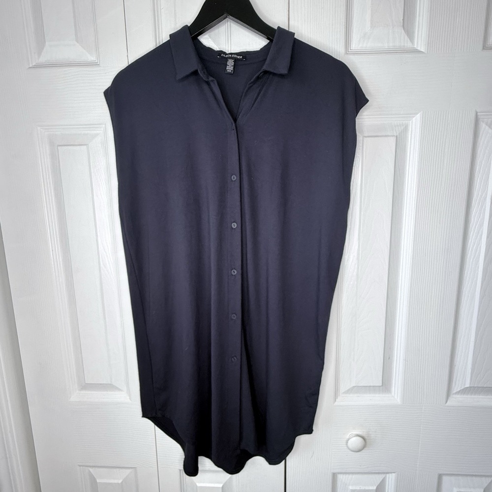 EILEEN FISHER M/M Blue Viscose Stretch Knit Sleeveless Button Tunic Shirt Dress